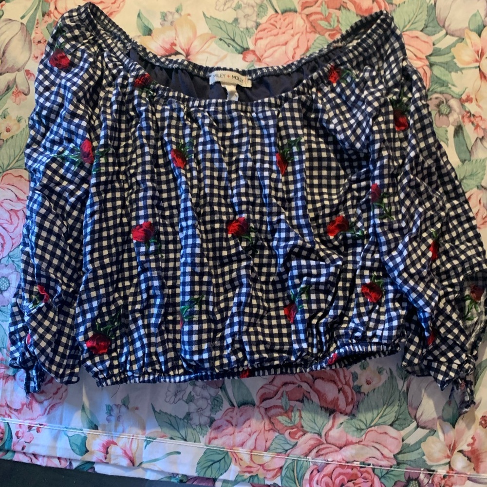 Miley +Molly Off-Shoulder Gingham Blouse with Rose Embroidery - Navy/White